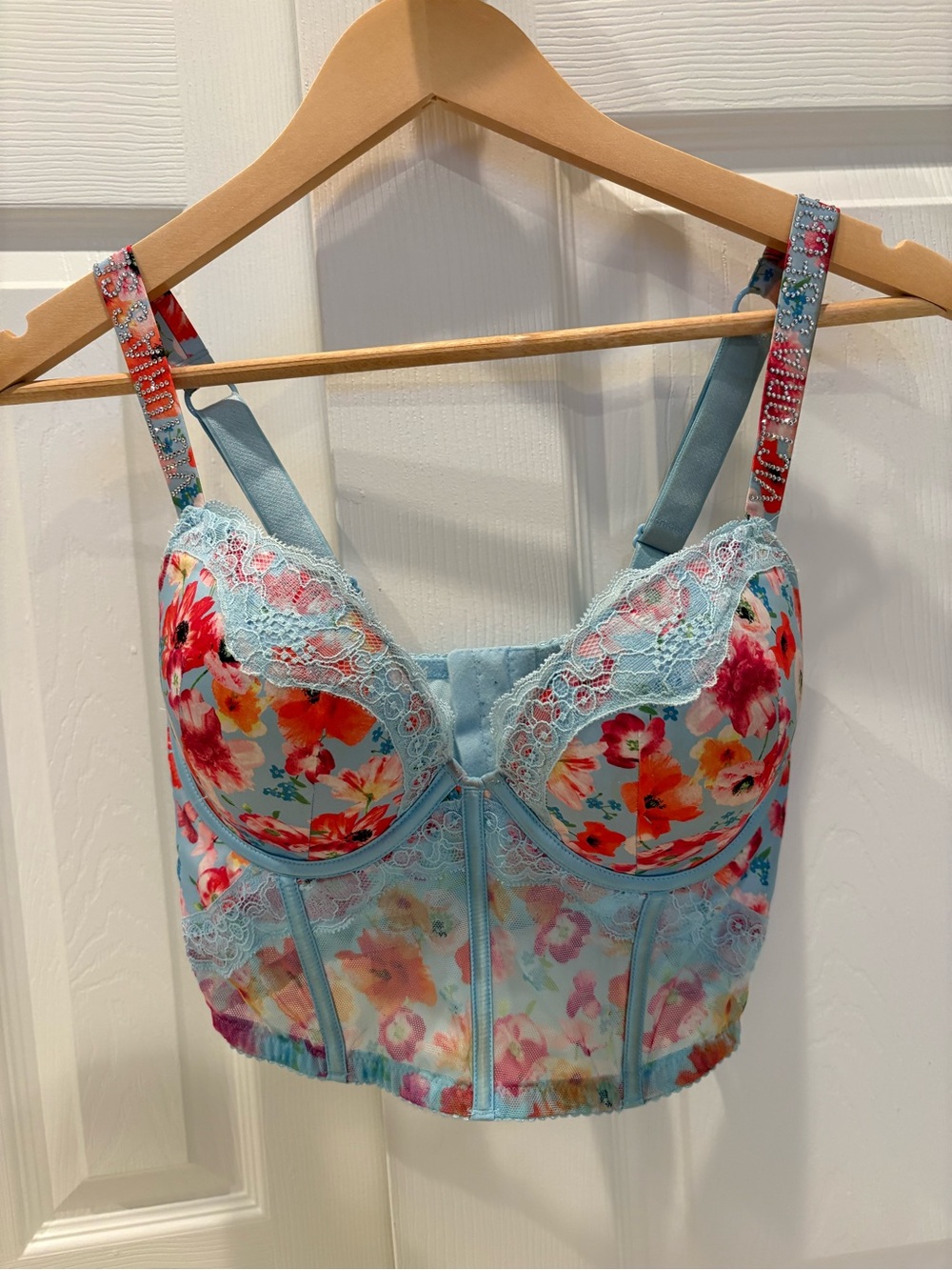Victoria's Secret Light Blue Floral Lace Longline Bustier Bra